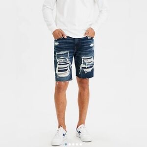 American Eagle Outfitters Dark Blue Distressed Jean Shorts Knee Length Men's 32